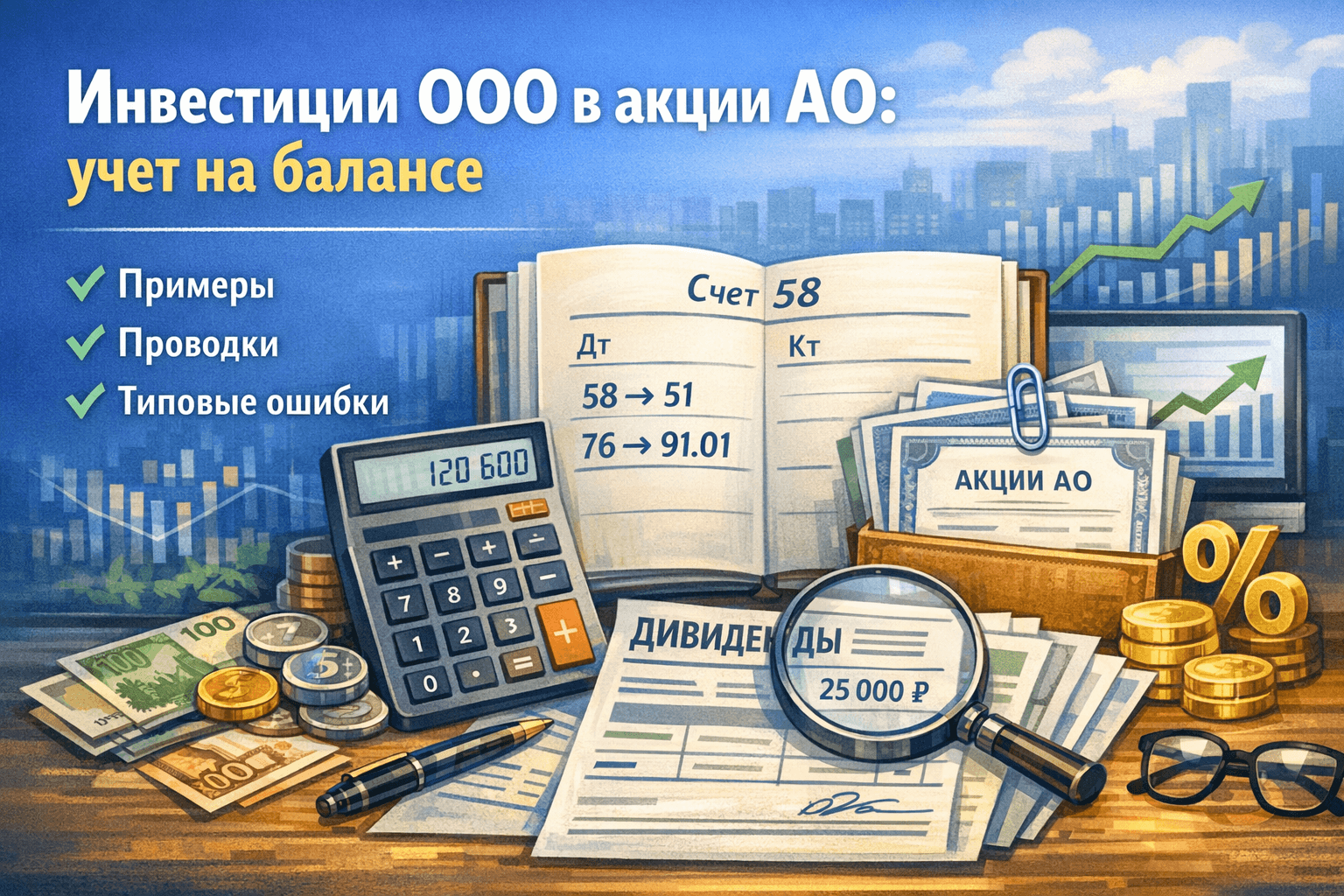 Как бухгалтеру учитывать инвестиции ООО в акции АО на балансе: примеры, проводки и типовые ошибки